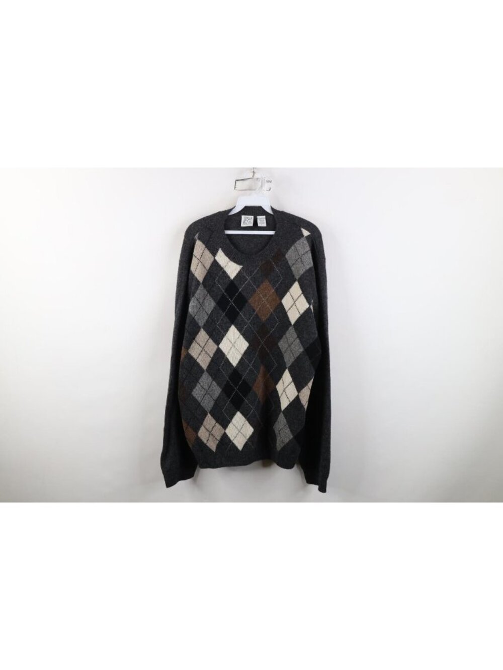 Vtg 90s Argyle Diamond Crewneck Sweater Mens Size L Earth Tone Lambswool Knit